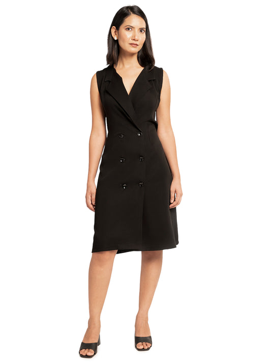 Black Sleeveless Blazer Dress With Button Detailing