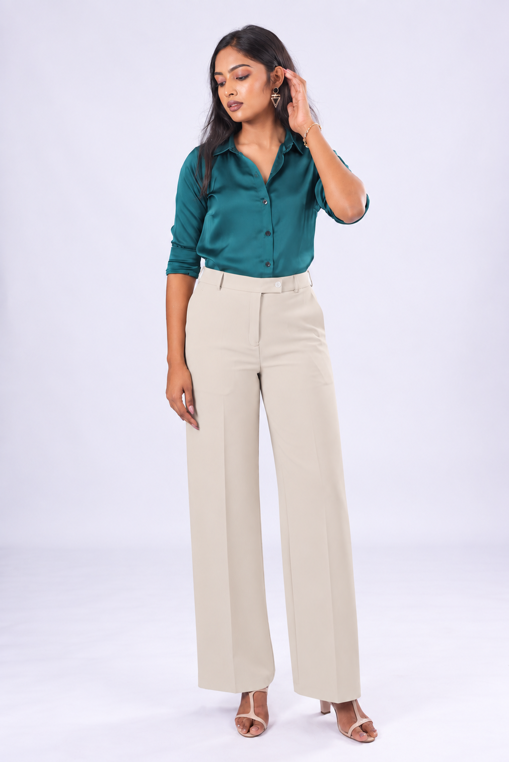 Women's Beige Wide Leg Trousers