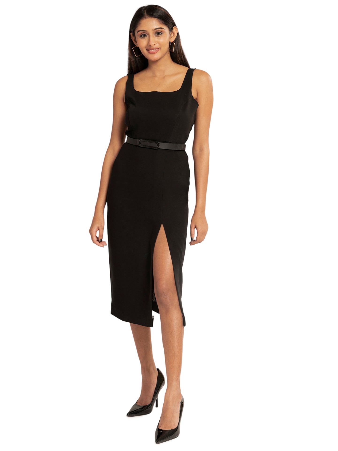 D Almirah Black Dress with Broad Neck Front Slit