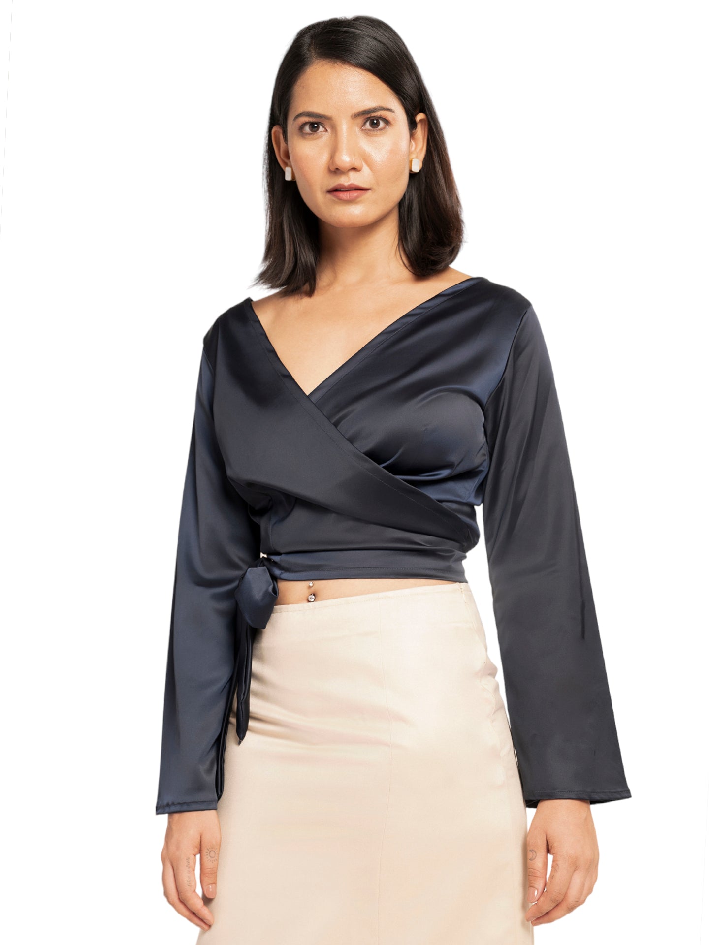 Navy Blue Premium Satin Wrap Around Crop Top