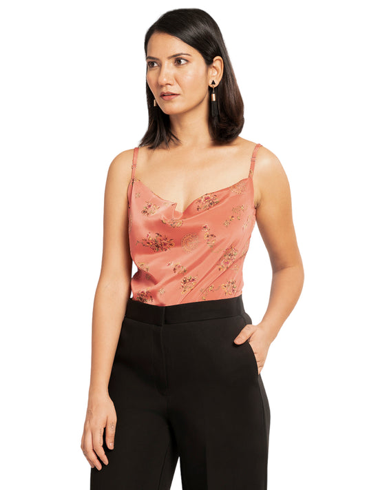 Floral Peach Cowl Neck Top with Straps