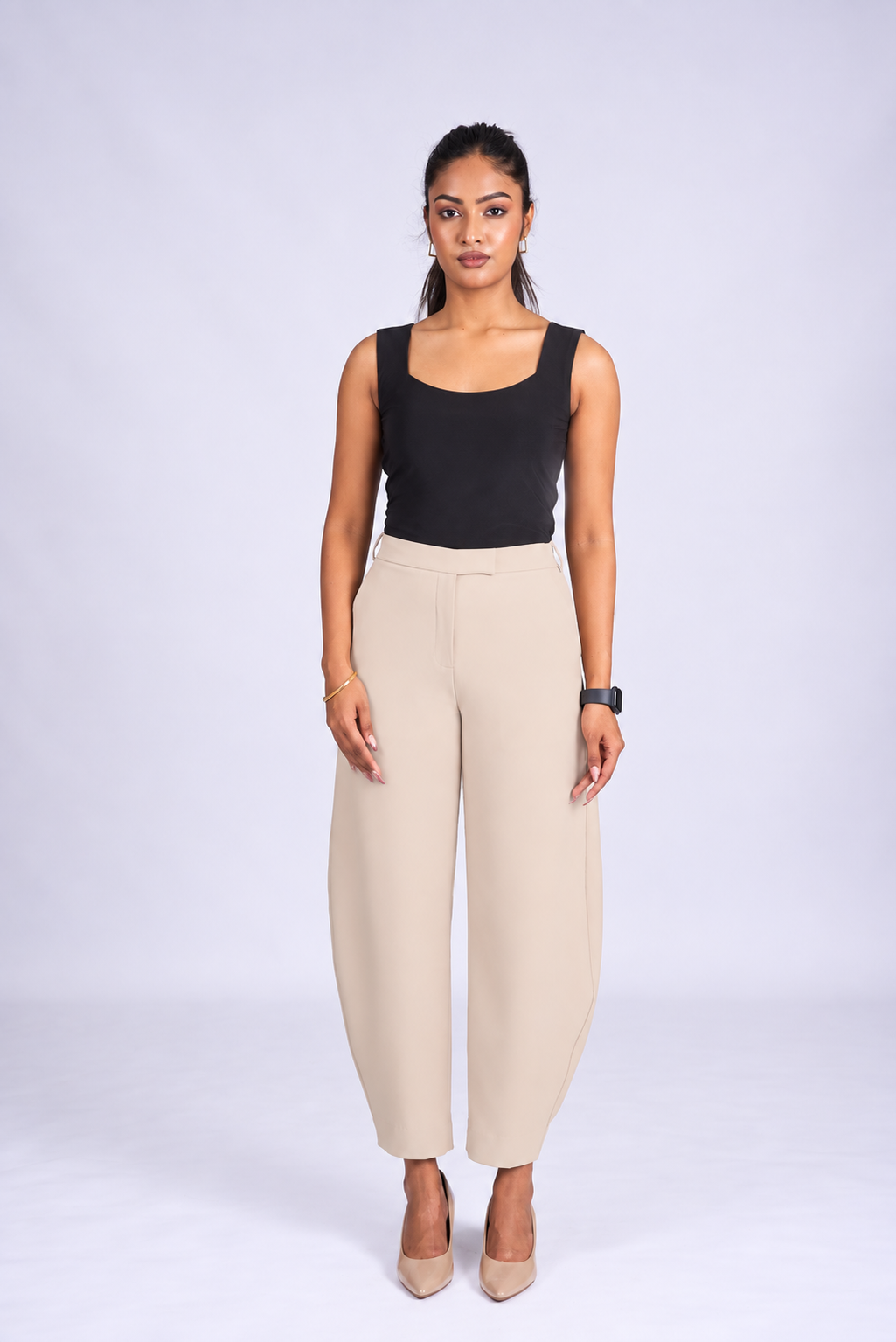Women's Beige Barrel Trousers