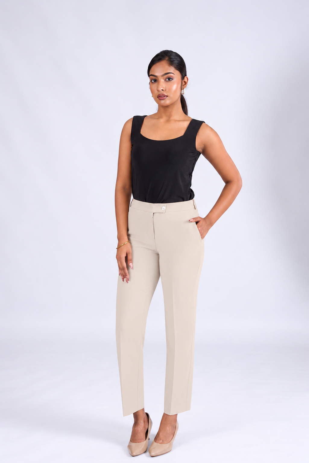 Women's Beige High-Rise Regular Fit Trousers