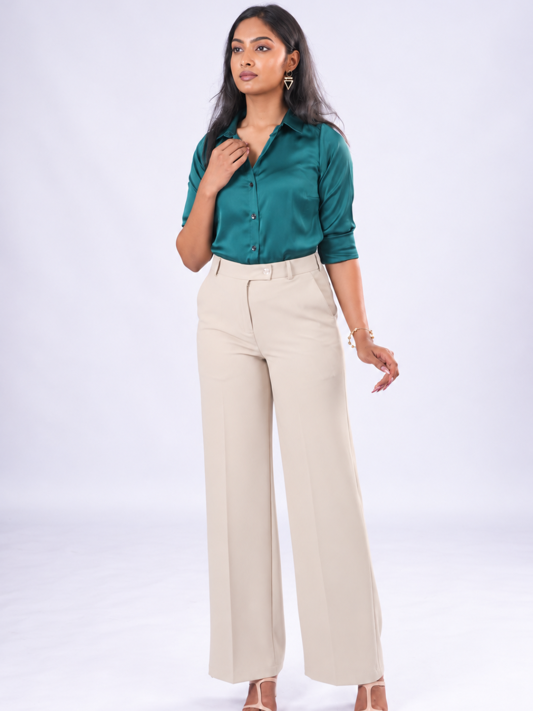 Women's Beige Wide Leg Trousers