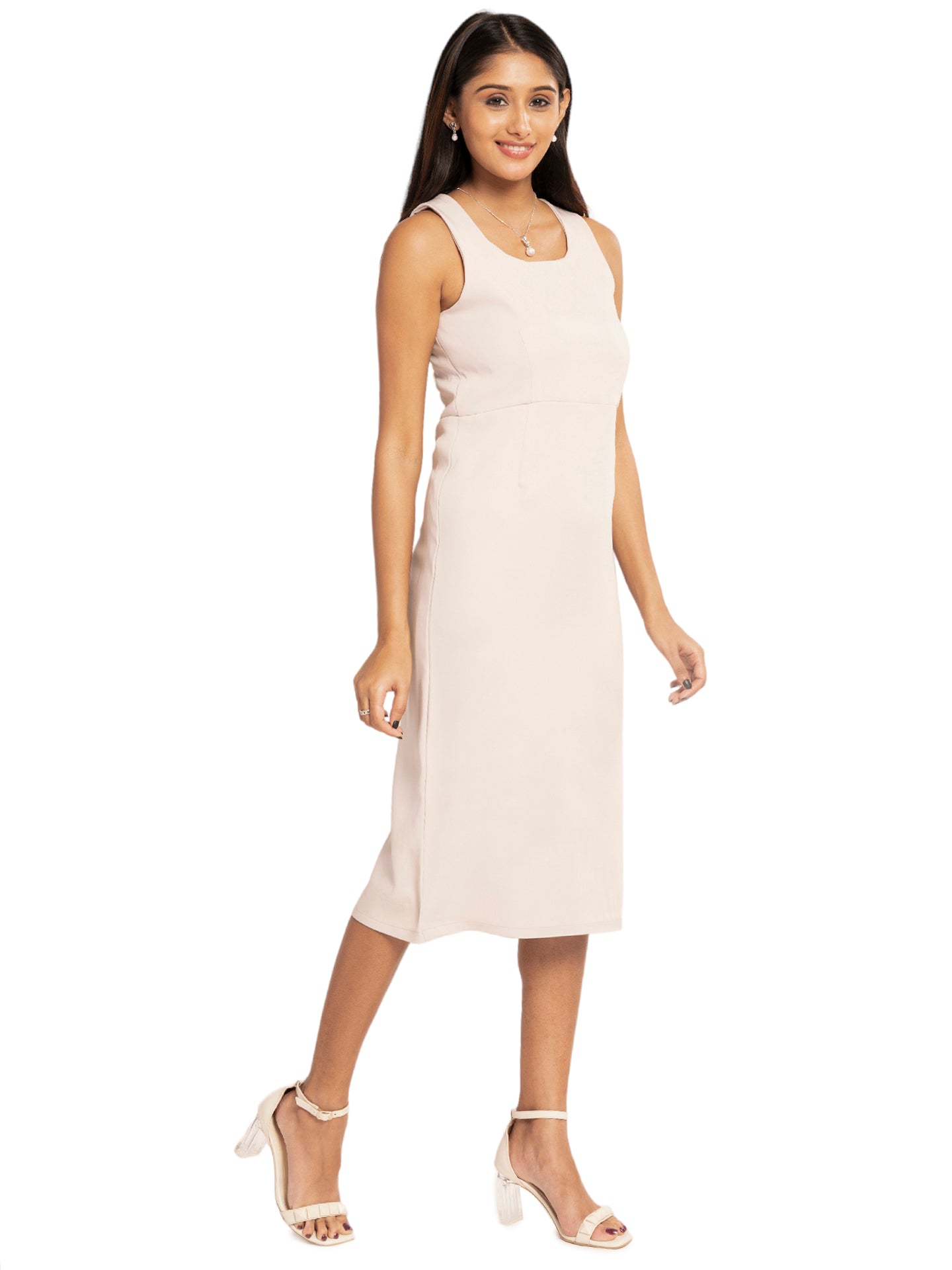 Beige U Neck Midi Dress