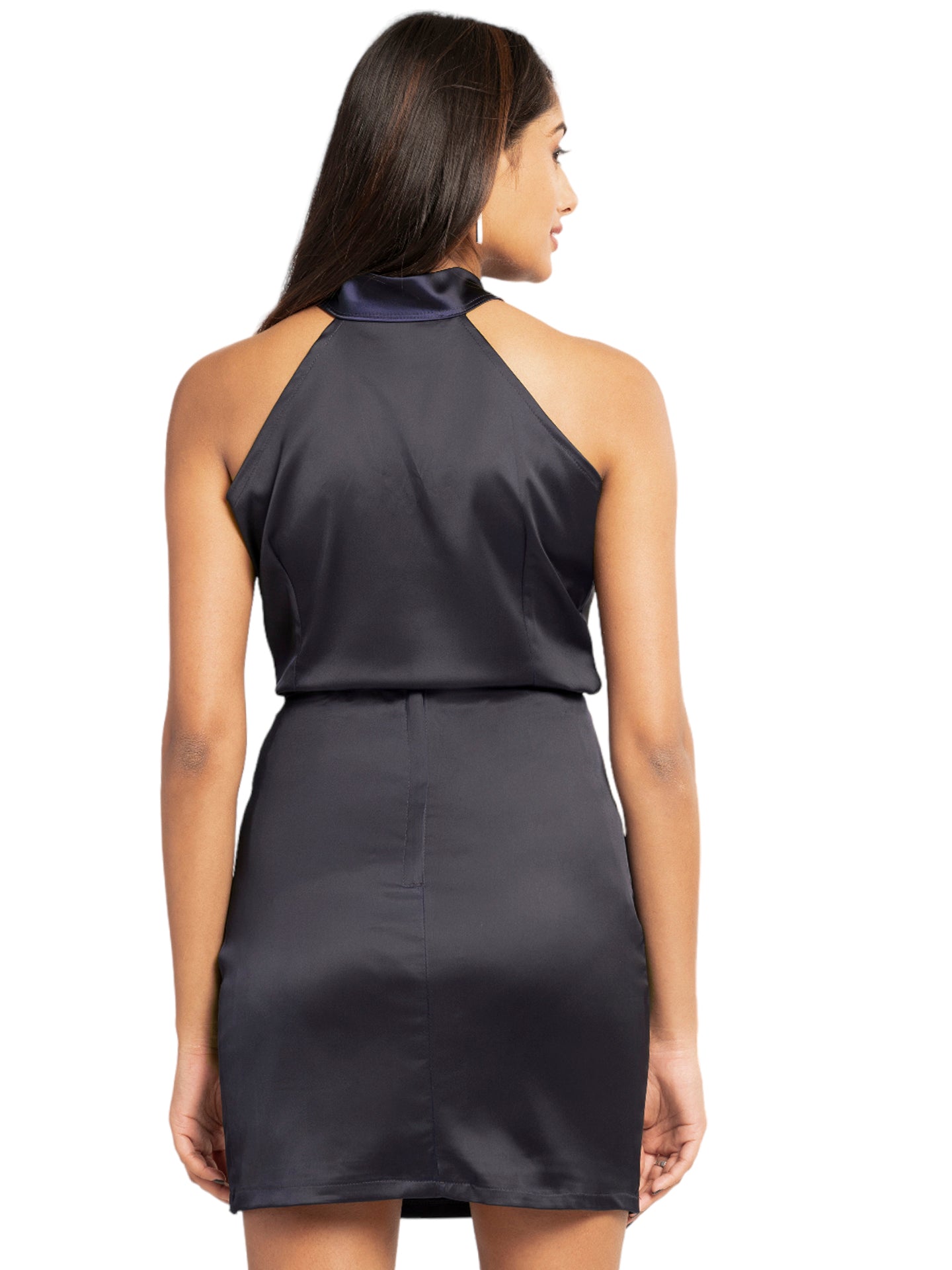Navy Blue Premium Satin High Neck Top with Button Detail