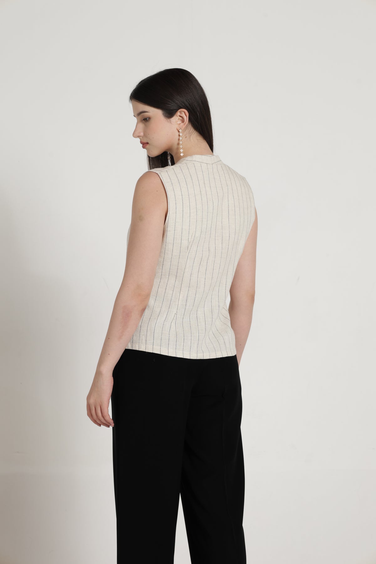 Cream Striped waistcoat style Cotton Linen top