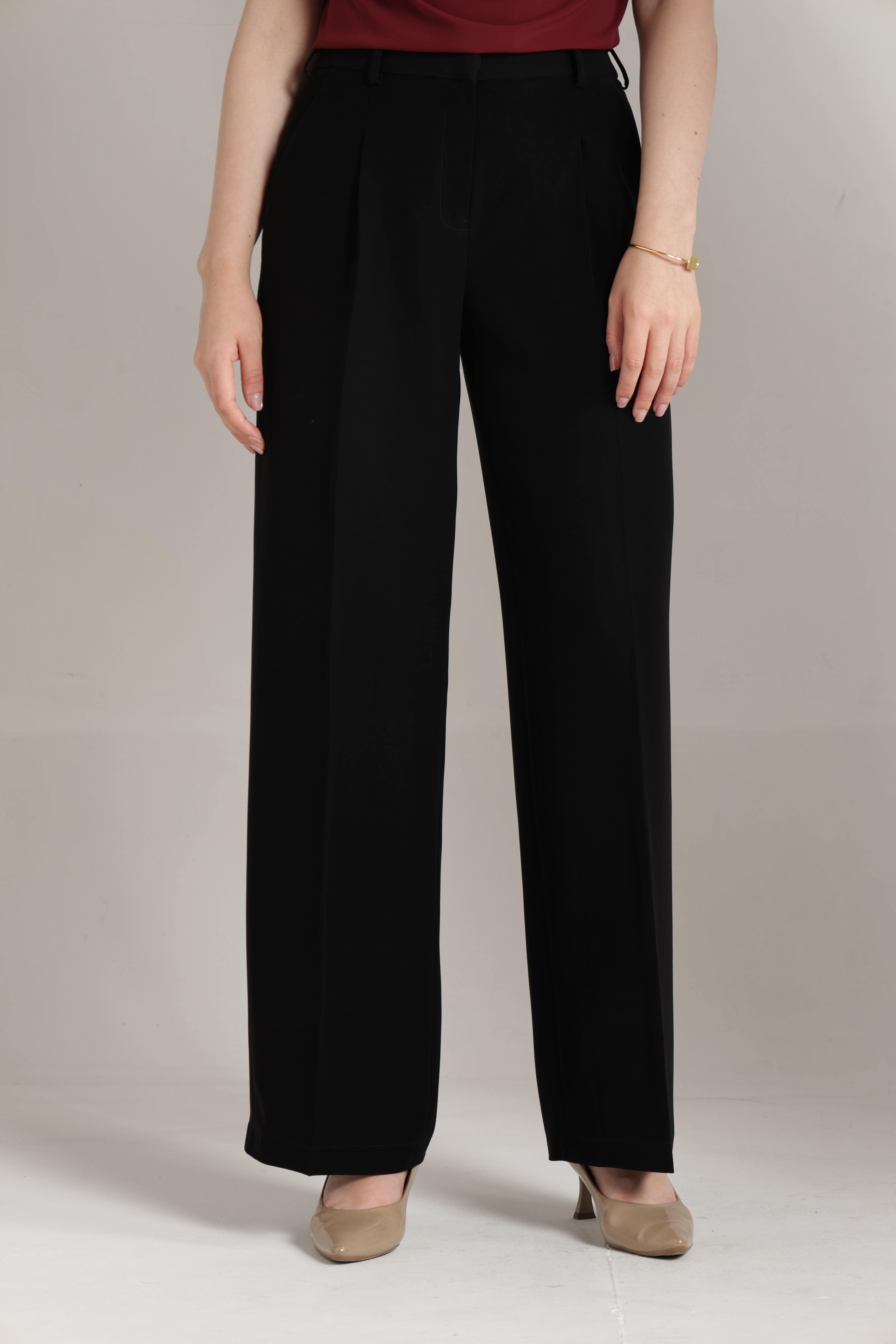 Women Black Pleated Straight Leg Trousers