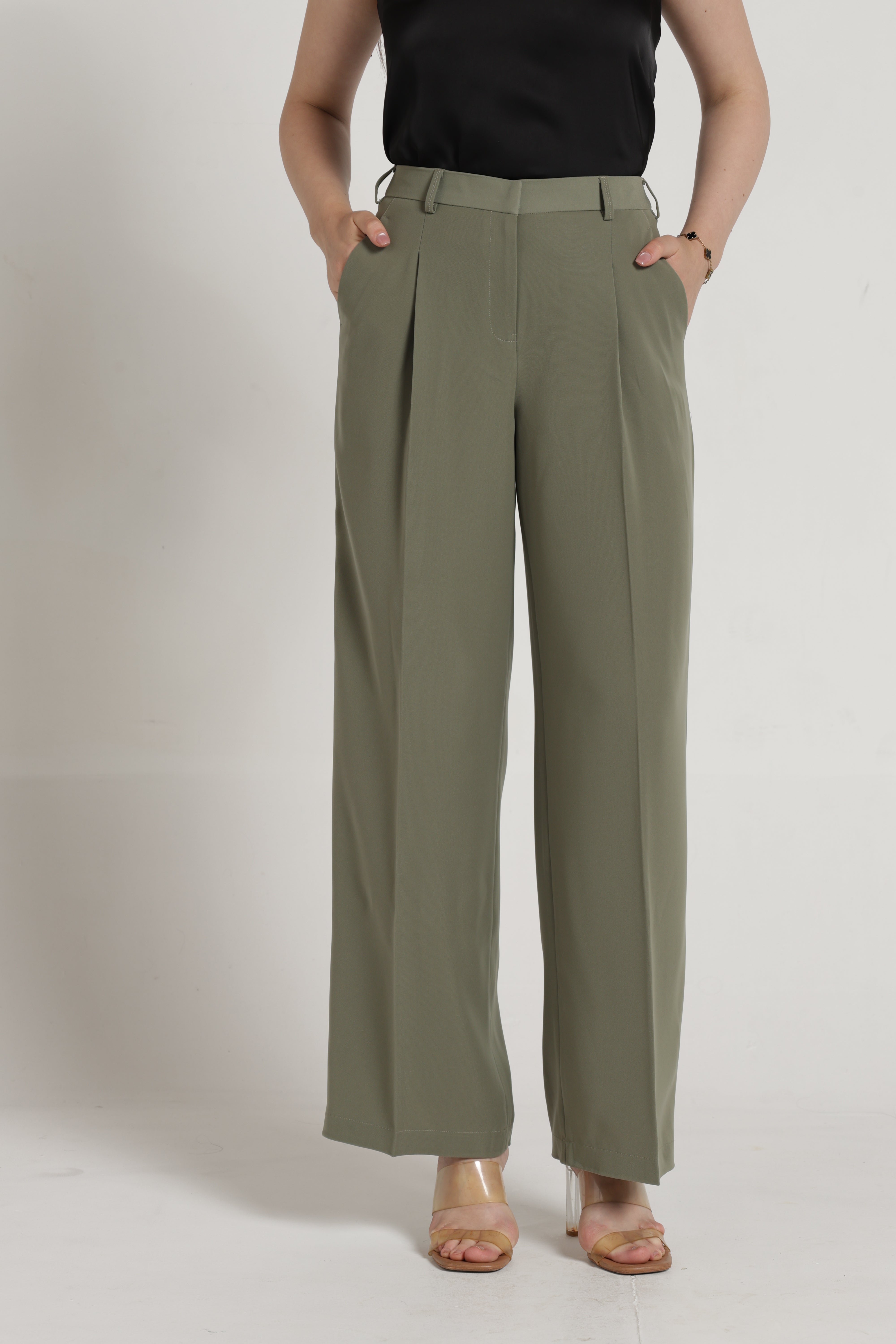 Women Sage Green Pleated Straight Leg Trousers