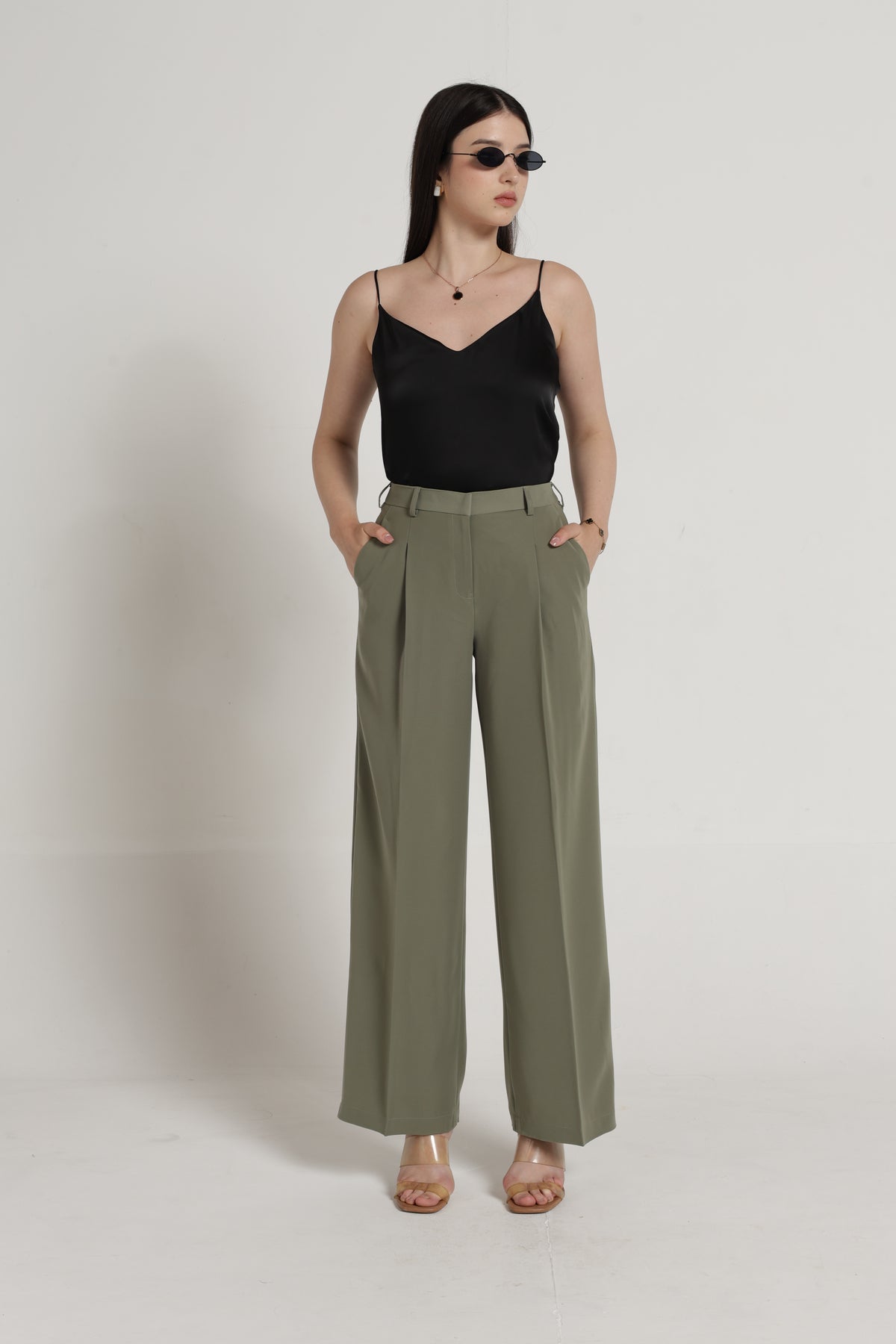 Women Sage Green Pleated Straight Leg Trousers