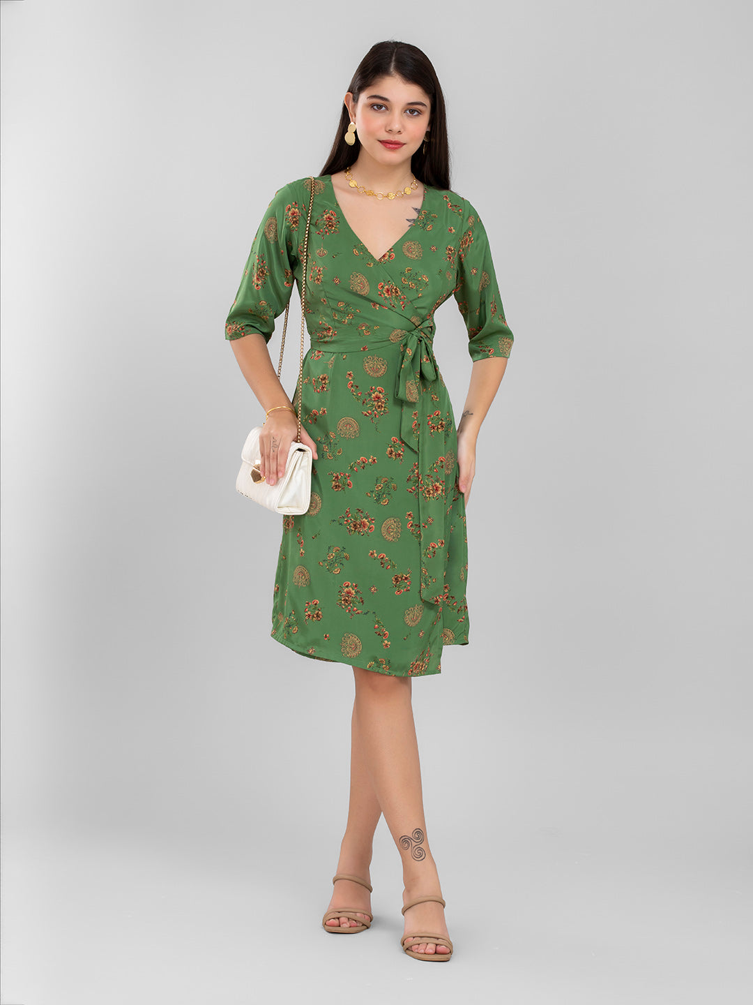 Green Floral Summer Wrap Dress