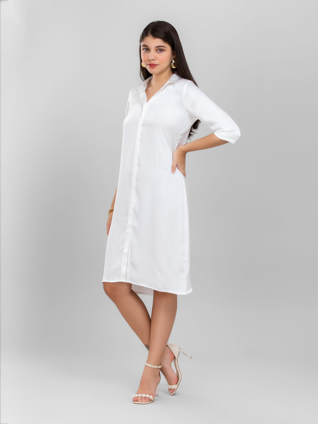 Pearl White Satin Shirt Dress
