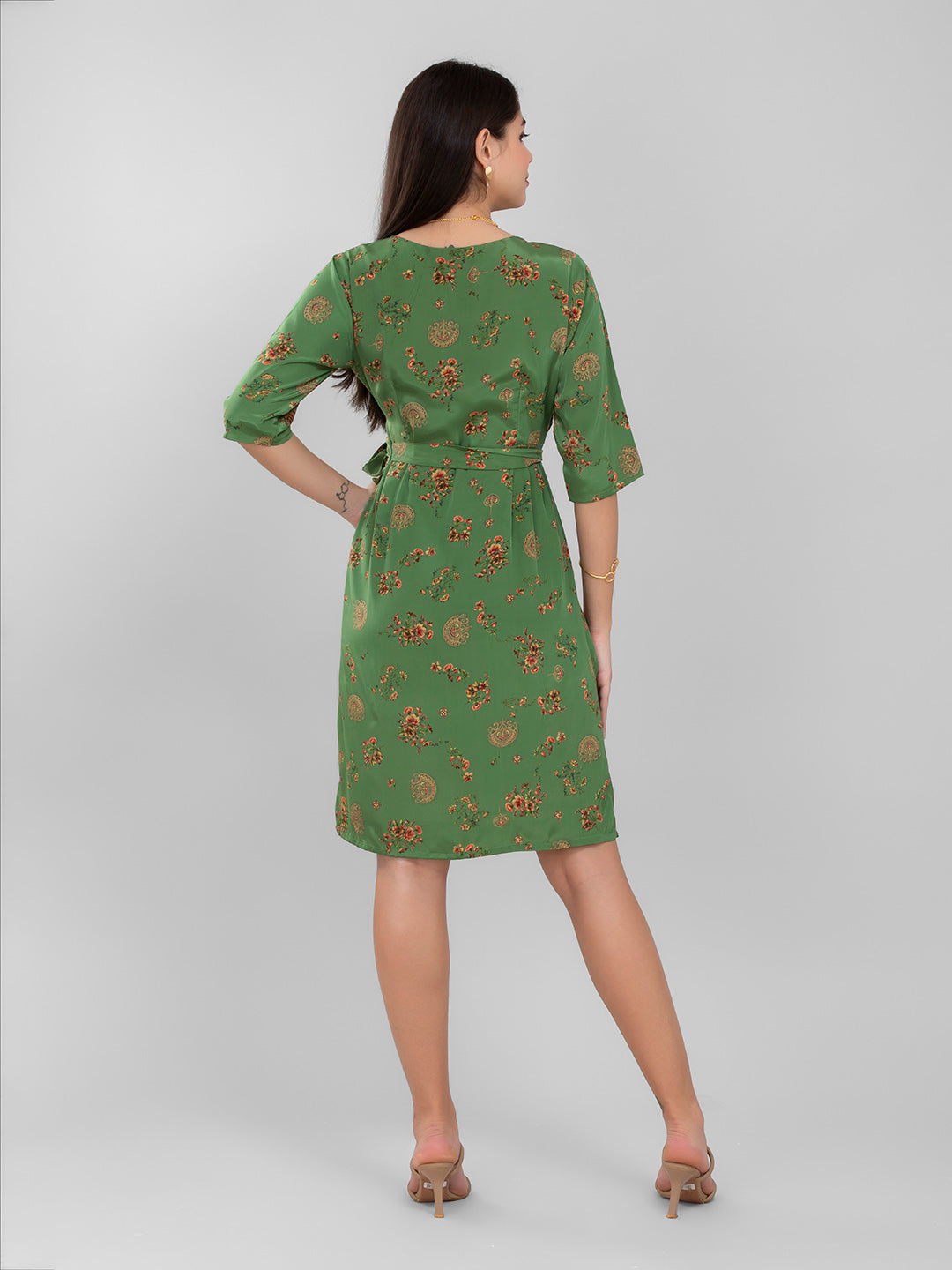 Green Floral Summer Wrap Dress