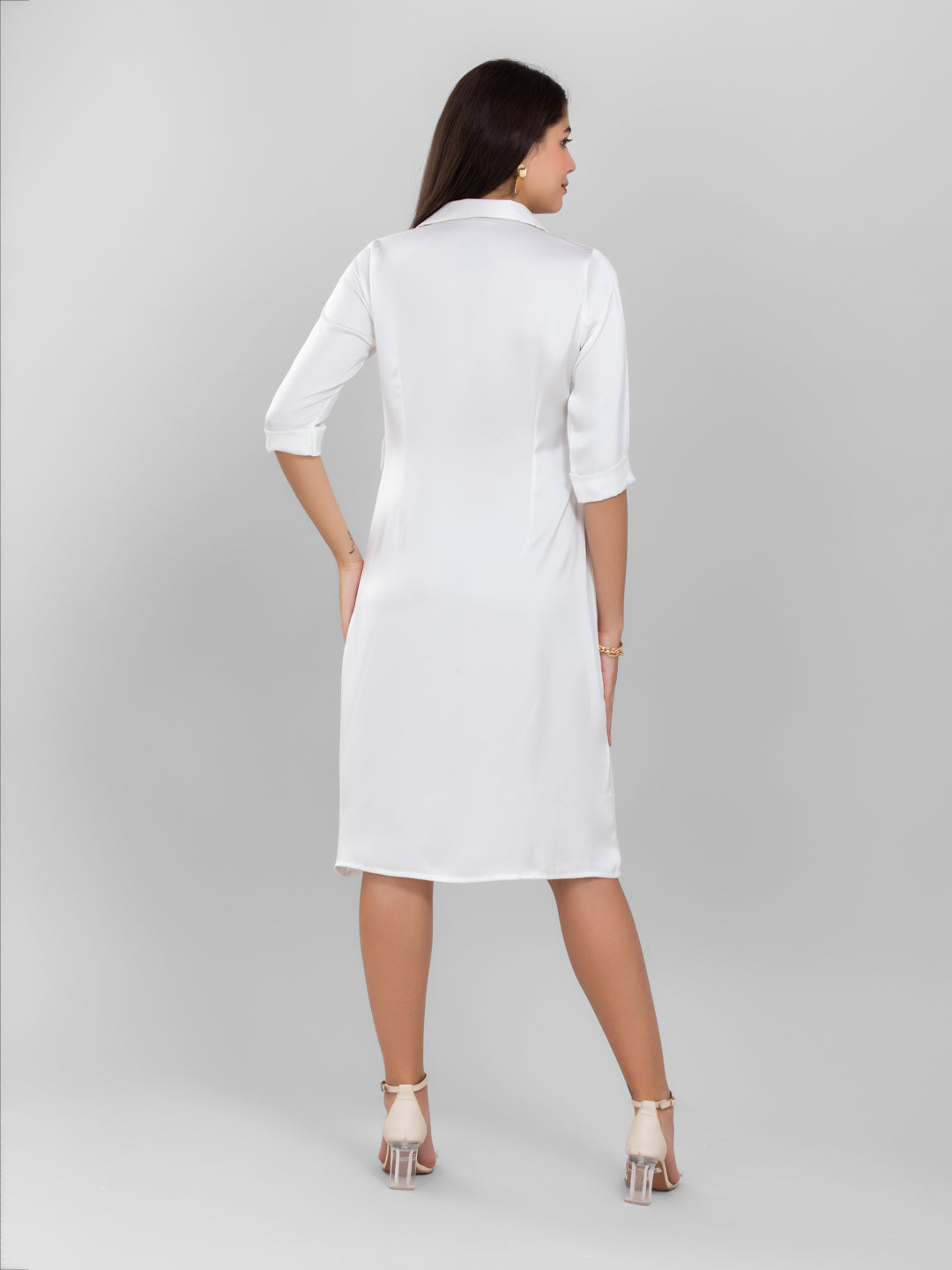 Pearl White Satin Shirt Dress