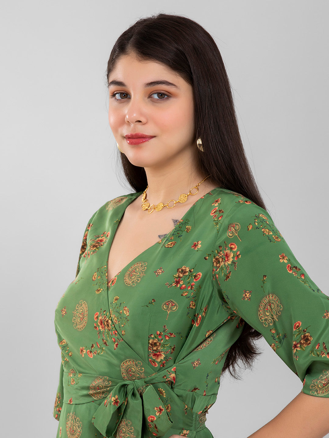 Green Floral Summer Wrap Dress