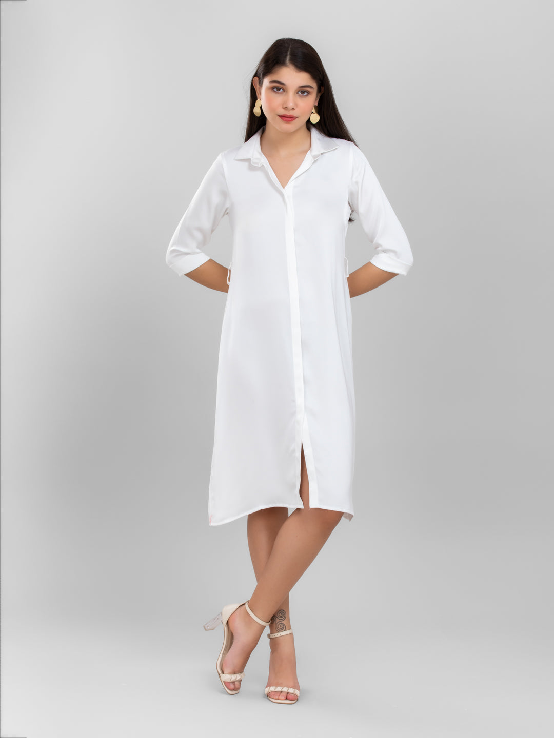 Pearl White Satin Shirt Dress