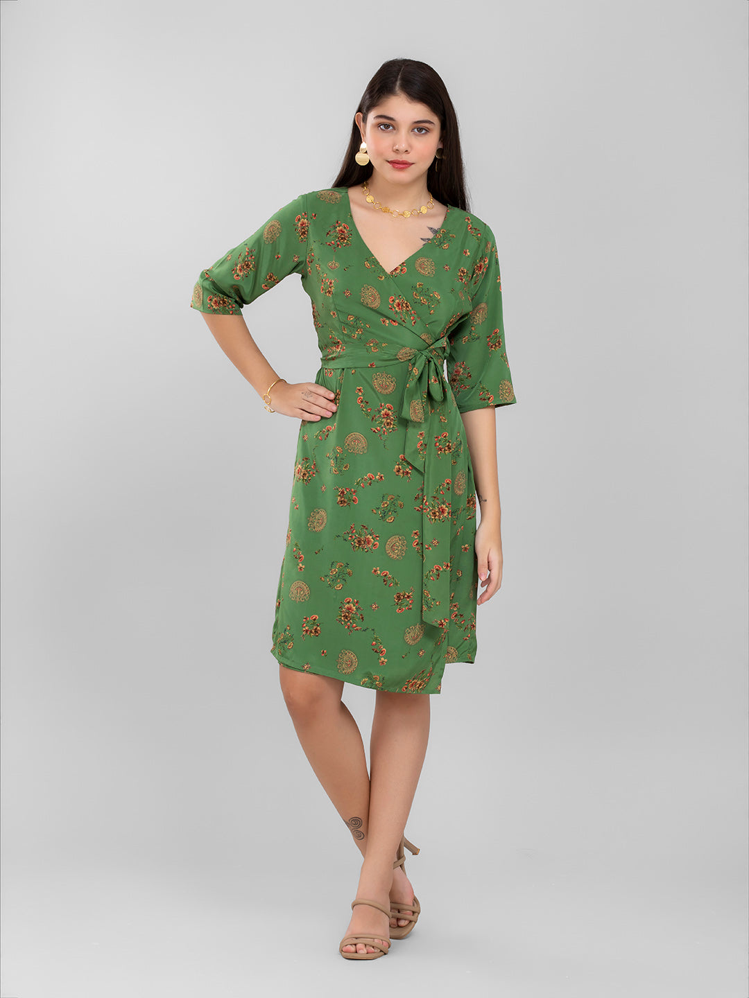 Green Floral Summer Wrap Dress