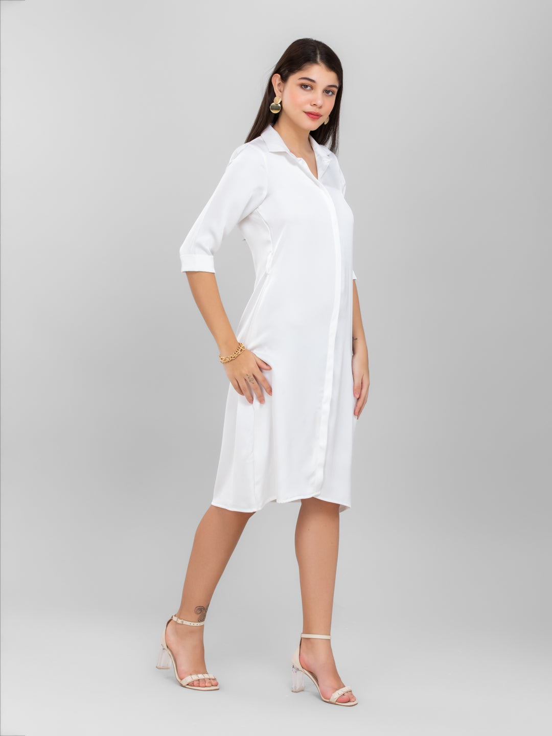 Pearl White Satin Shirt Dress