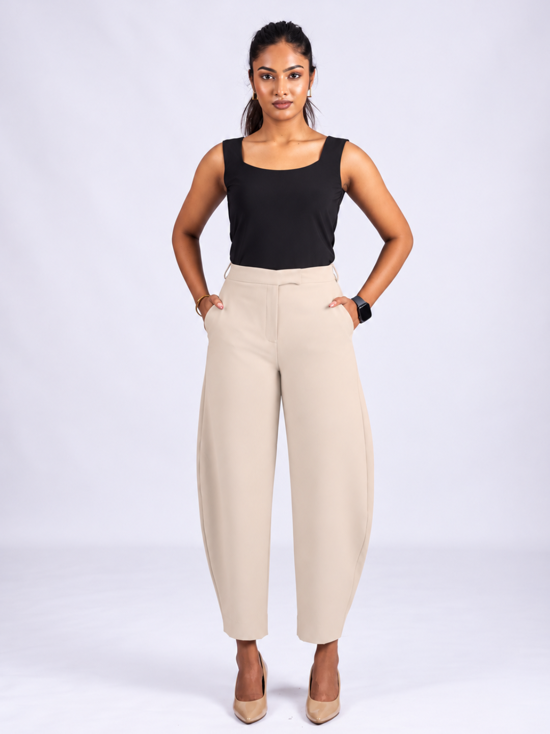 Women's Beige Barrel Trousers