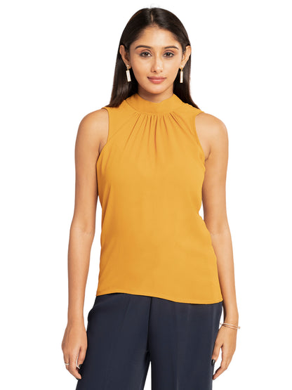 Mustard High Neck Sleeveless Formal Top