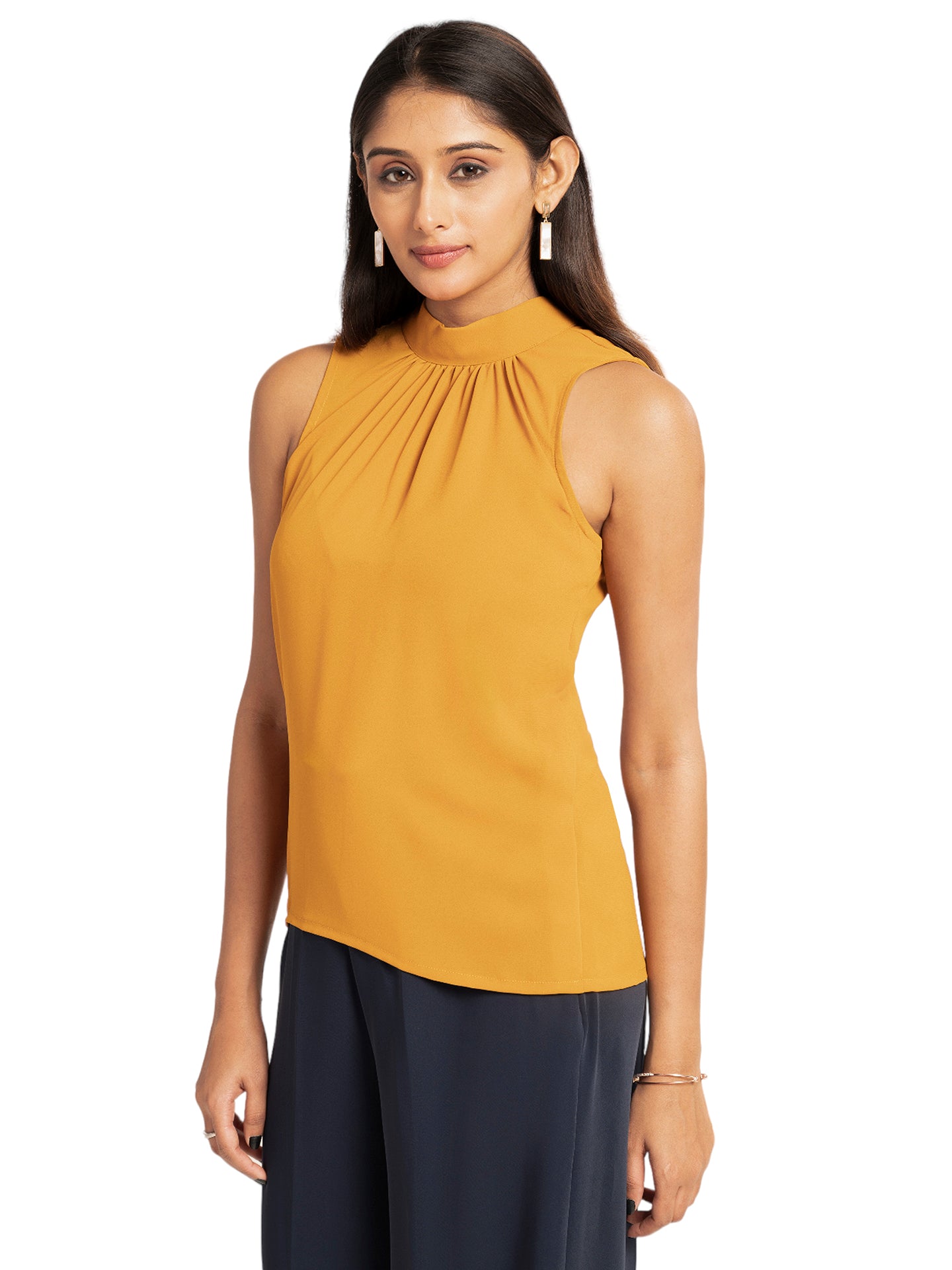 Mustard High Neck Sleeveless Formal Top