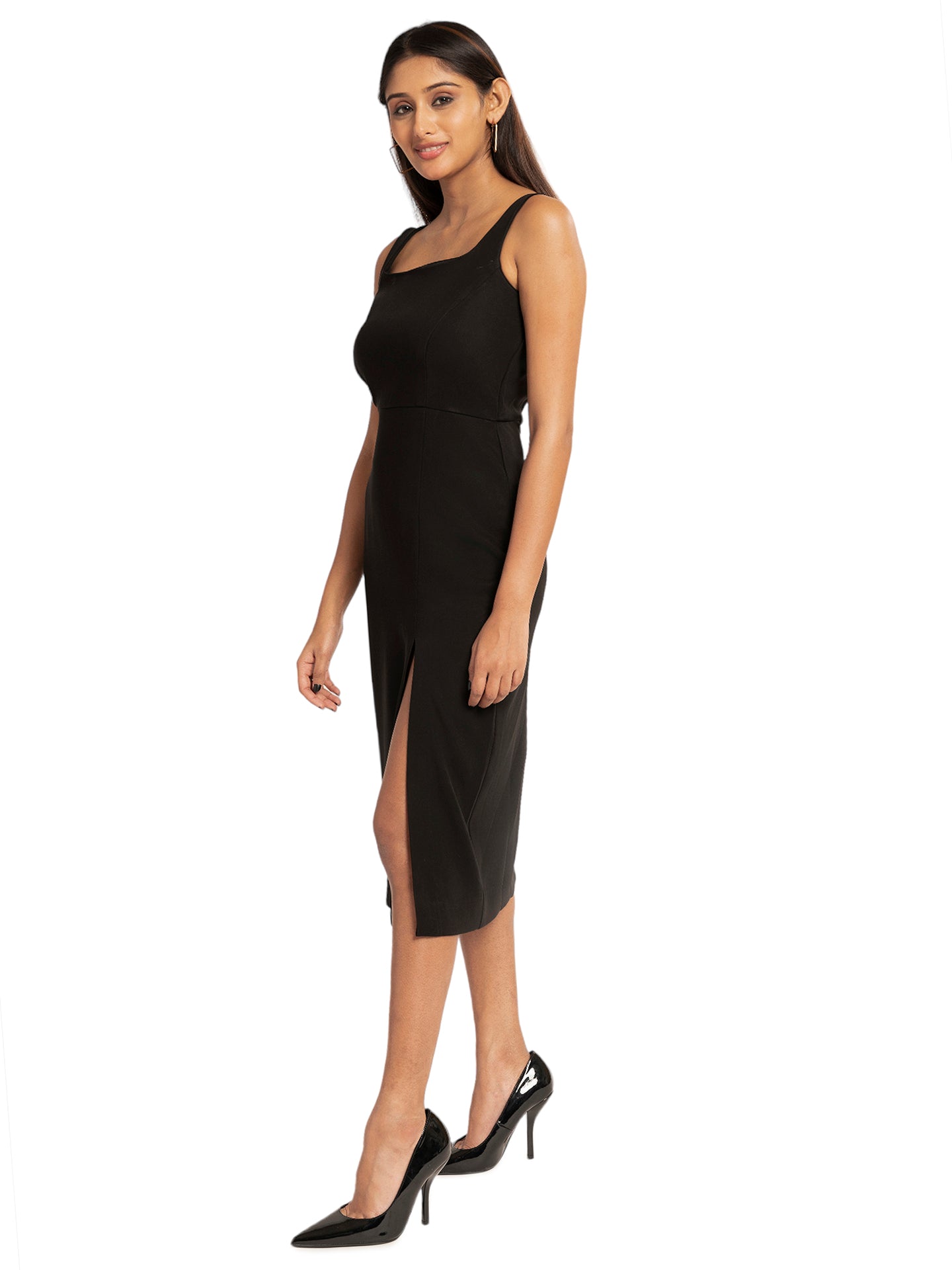 D'Almirah Black Dress with Broad Neck & Front Slit