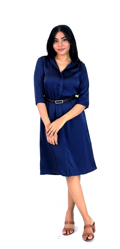 Navy Blue Satin Shirt Dress