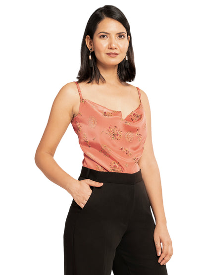 Floral Peach Cowl Neck Top with Straps