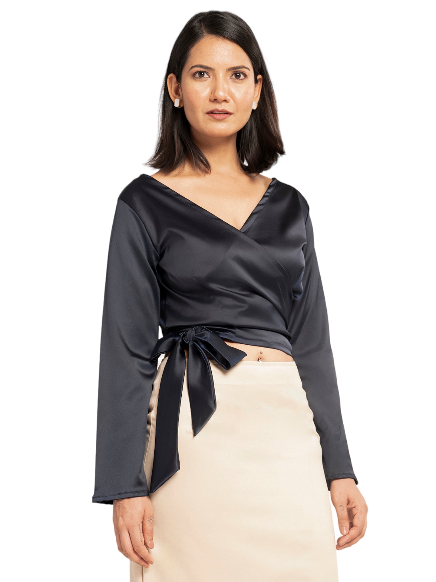 Navy Blue Premium Satin Wrap Around Crop Top