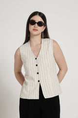 Cream Striped waistcoat style Cotton Linen top