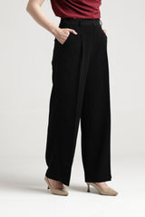 Women Black Pleated Straight Leg Trousers