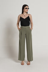 Women Sage Green Pleated Straight Leg Trousers