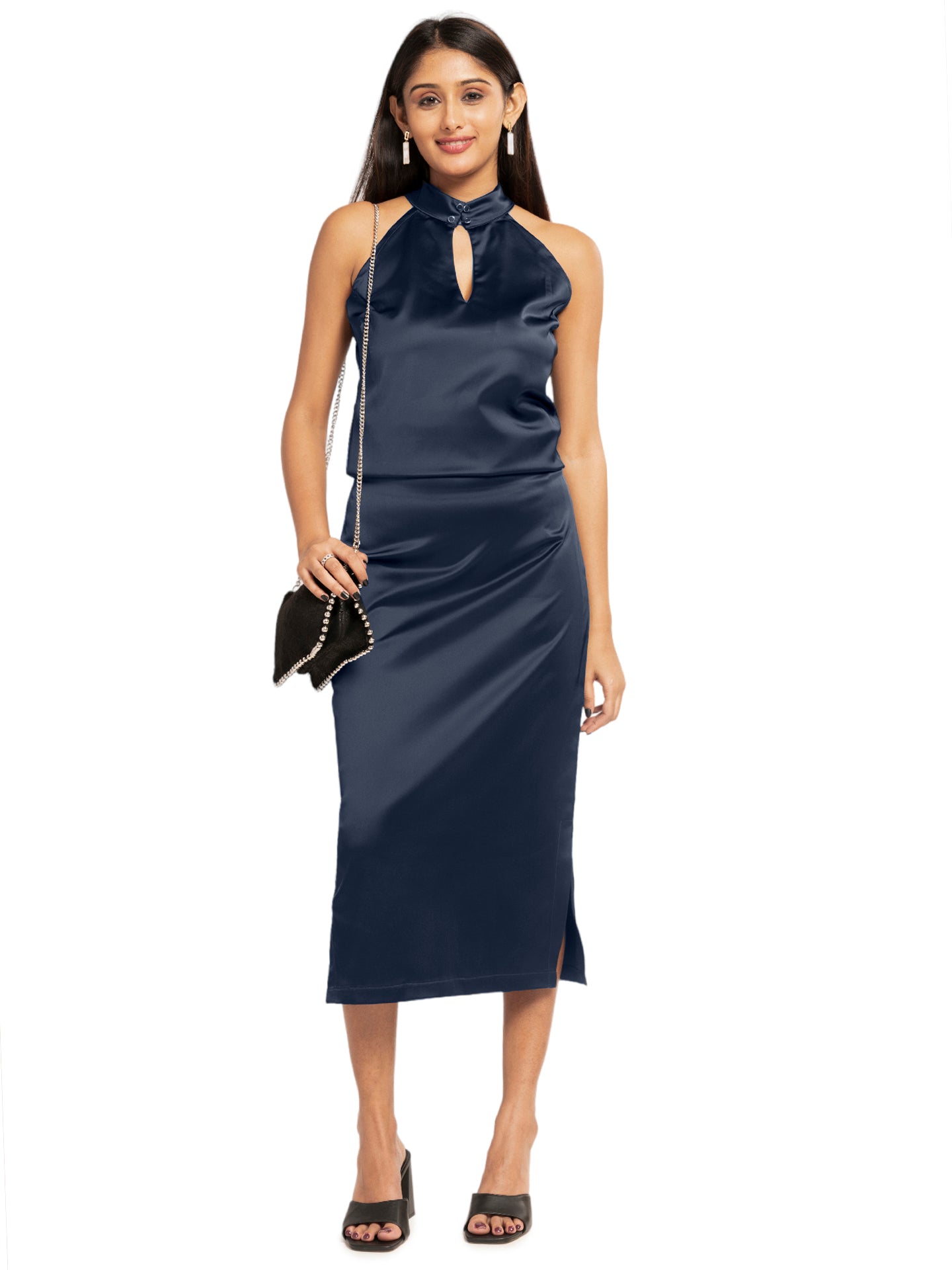 Blue Premium Satin Skirt with both side slit