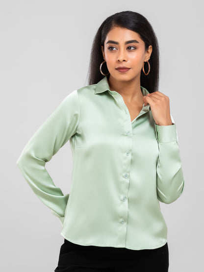 Pastel Green Spread Collar Satin Shirt