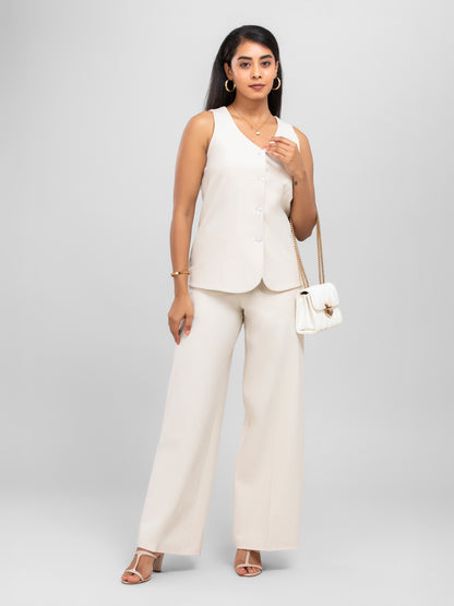 Women Beige V Neck Long Suit Waistcoat