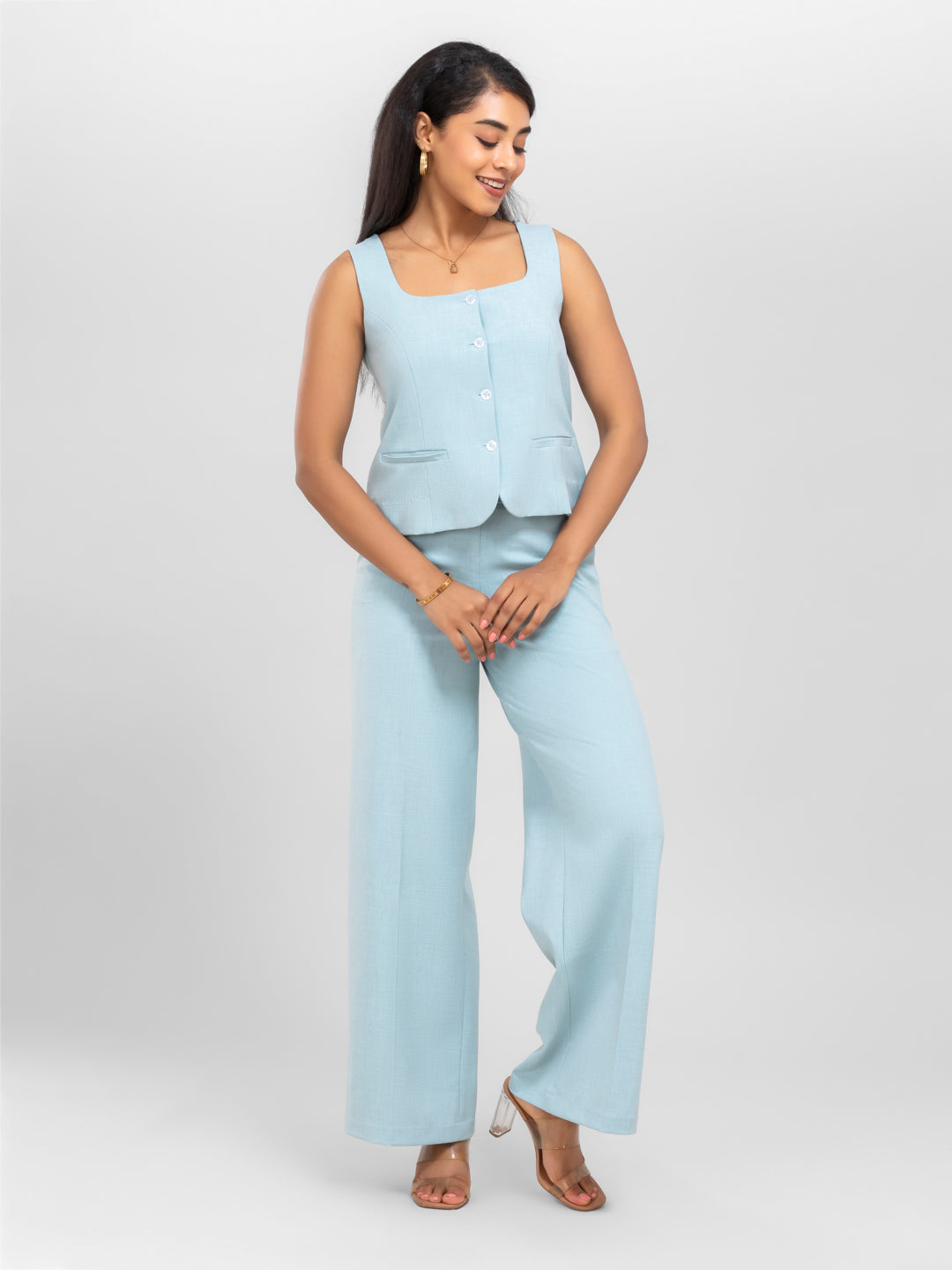 Women Sky Blue Square Neck Waistcoat