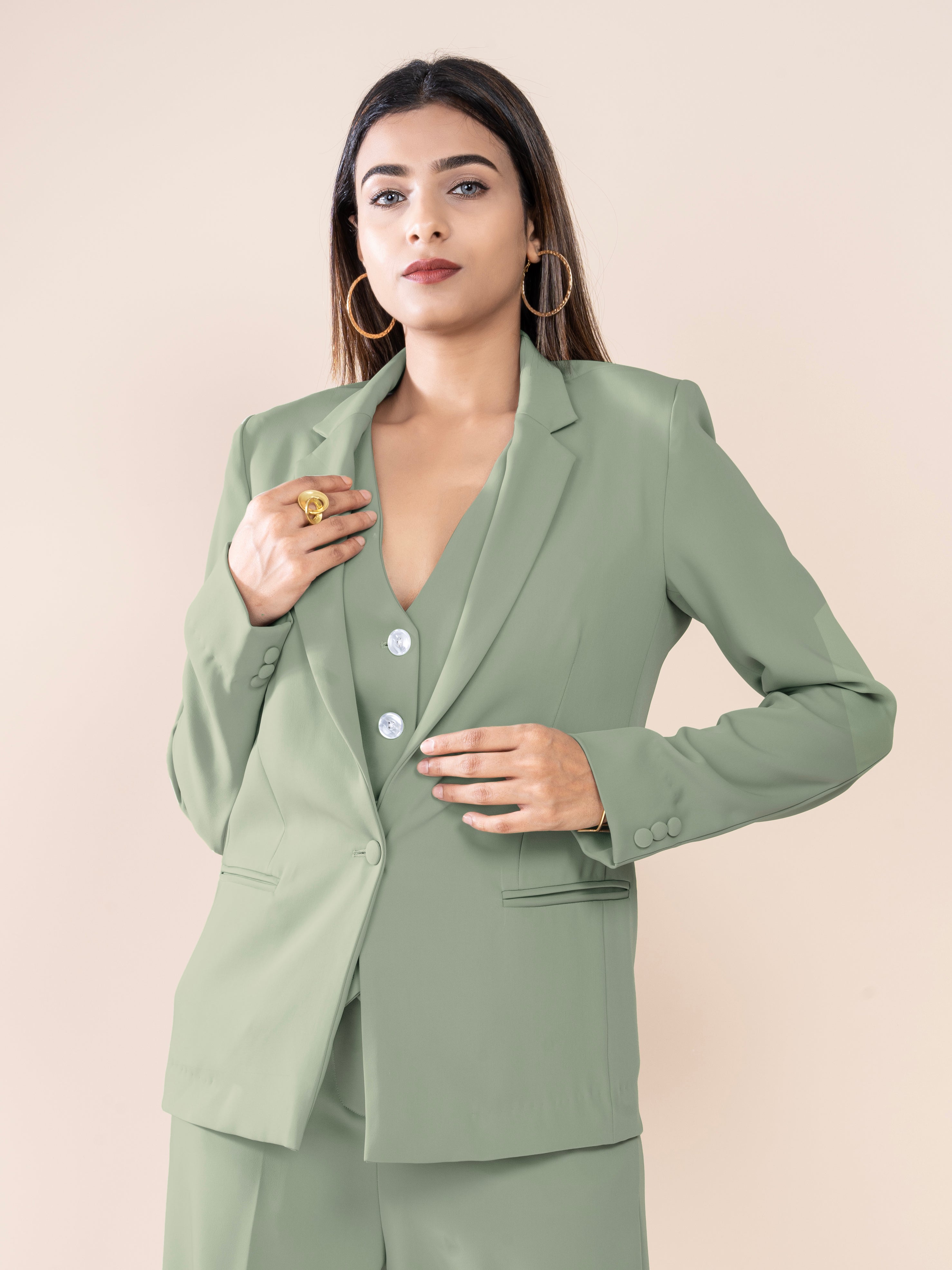 D'Almirah Sage Green Single-Breasted All Season Blazer