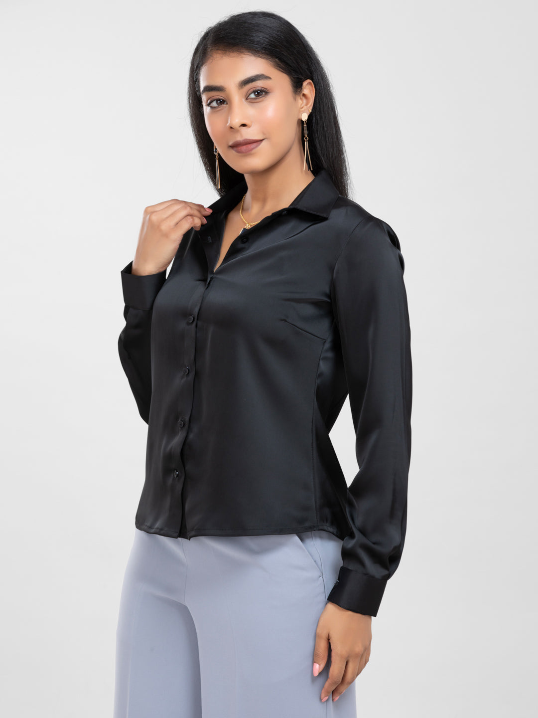 Black Spread Collar Satin Shirt