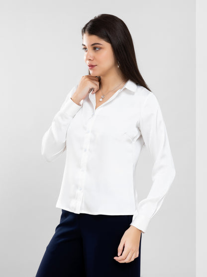 Pearl White Spread Collar Satin Shirt