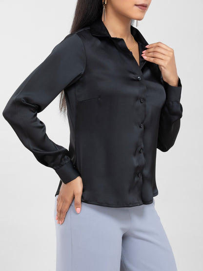 Black Spread Collar Satin Shirt