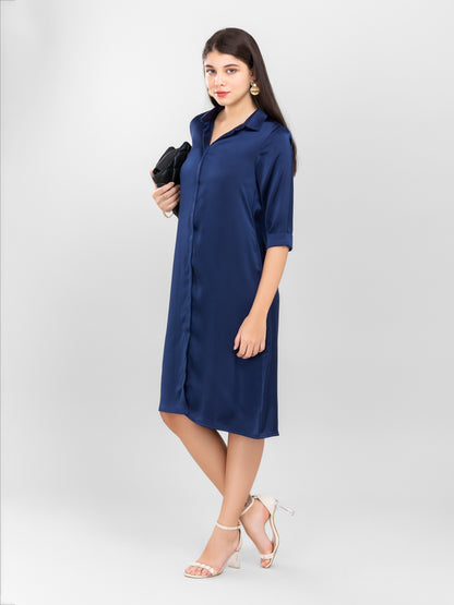 Navy Blue Satin Shirt Dress