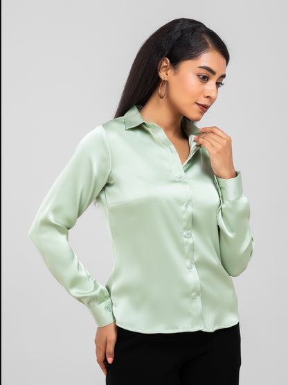 Pastel Green Spread Collar Satin Shirt