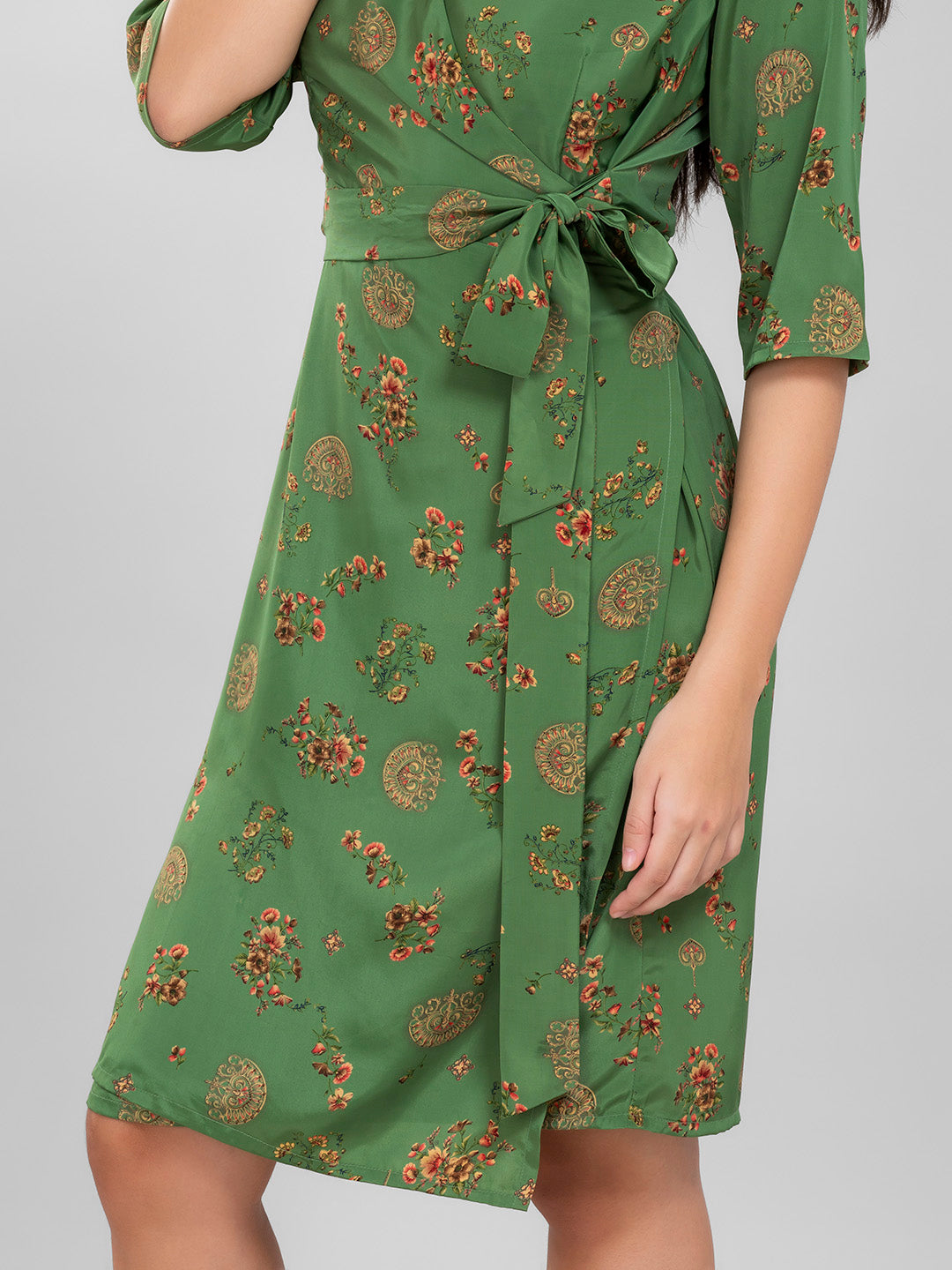 Green Floral Summer Wrap Dress