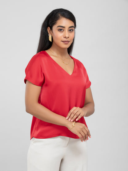 Red Satin Short Sleeve Top