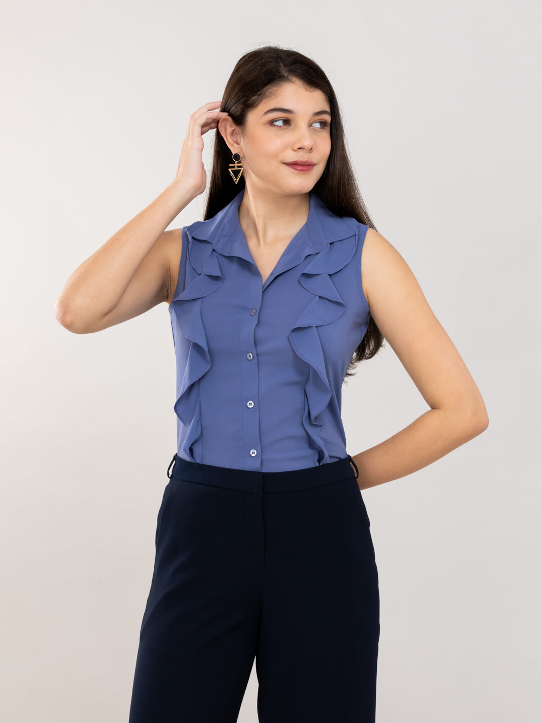 Blue Shirt Style Ruffle Top