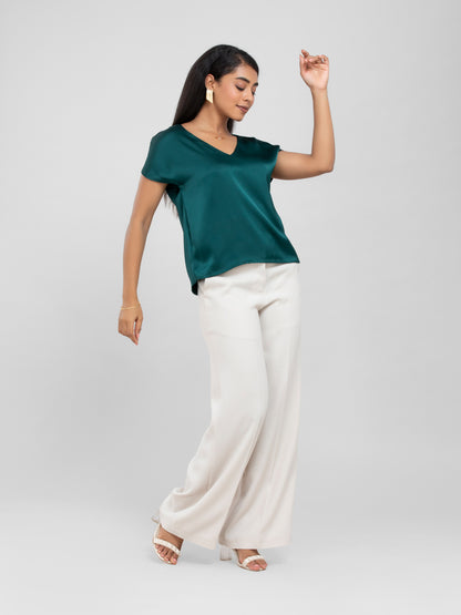 Emerald Green Satin Short Sleeve Top