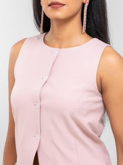 Women Blush Pink Round Neck Long Suit Waistcoat