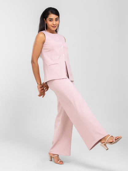 Women Blush Pink Round Neck Long Suit Waistcoat