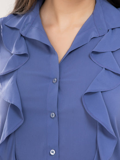 Blue Shirt Style Ruffle Top