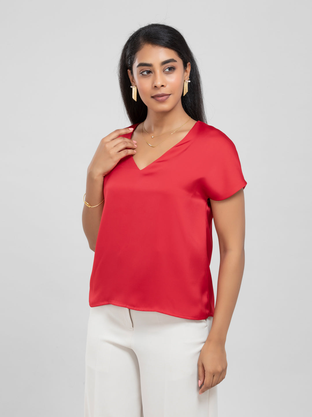 Red Satin Short Sleeve Top